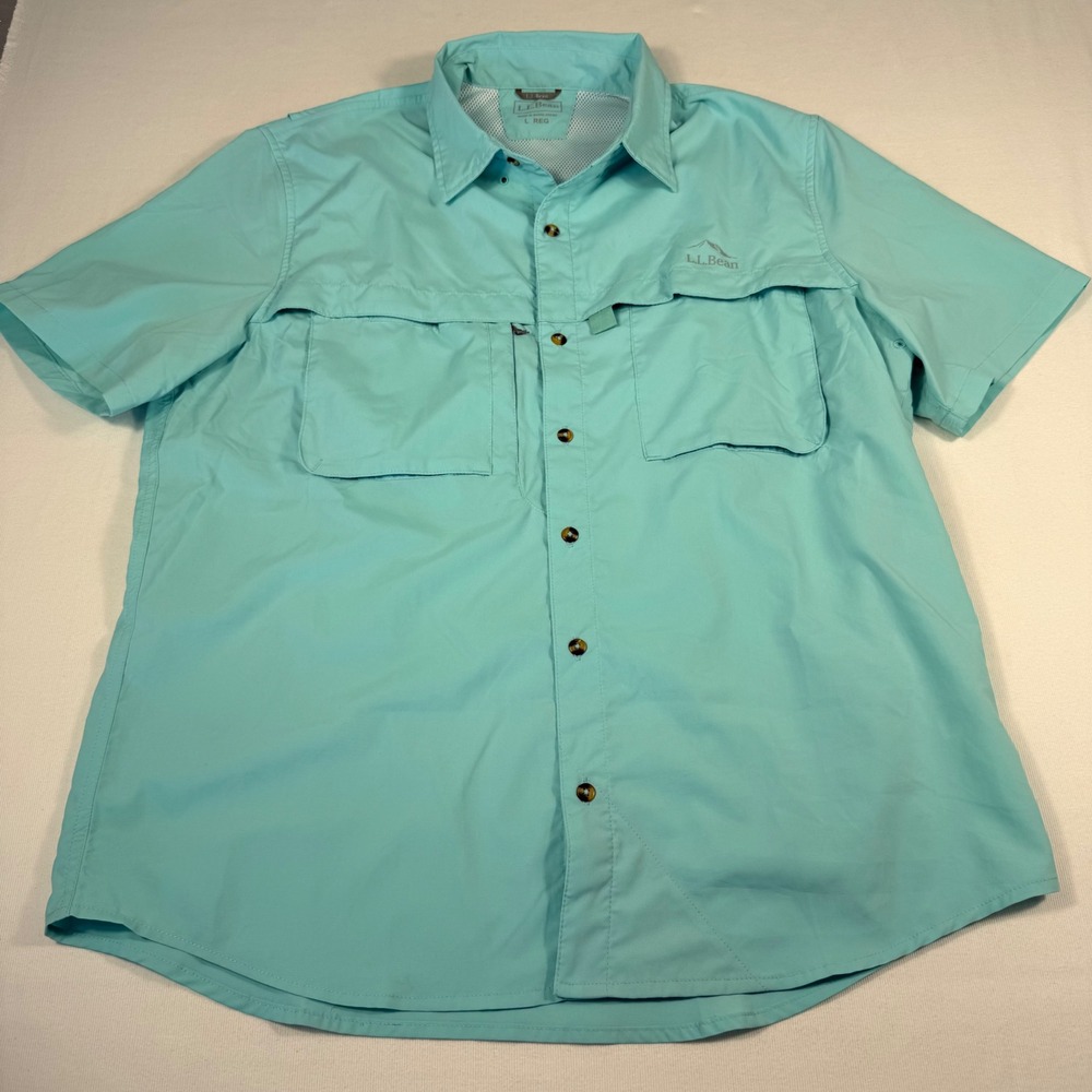 L.L.Bean Fishing Shirt L Mintโ Green Short Sleeve UPF 50+ Ventilated Mesh Lining